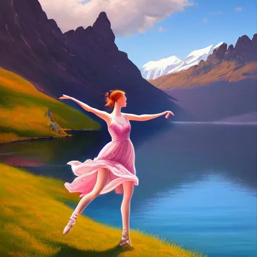 Image similar to a painting of a young woman dancing in front of a beautiful lake in switzerland, mountains on the background, high quality oil painting artstyle, feminine, delicate, hyperdetailed, in the style of artgerm, deviantart, figurative art, deviantart, ilya kuvshinov, lovecraftian