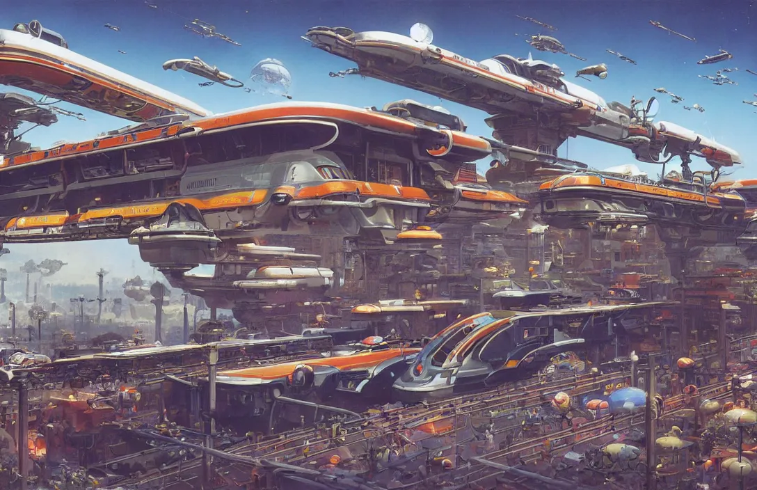 Prompt: a retro futurism elevated railway on colonized planet by robert mccall and john berkey | ralph mcquarrie :. 5 | unreal engine :. 3