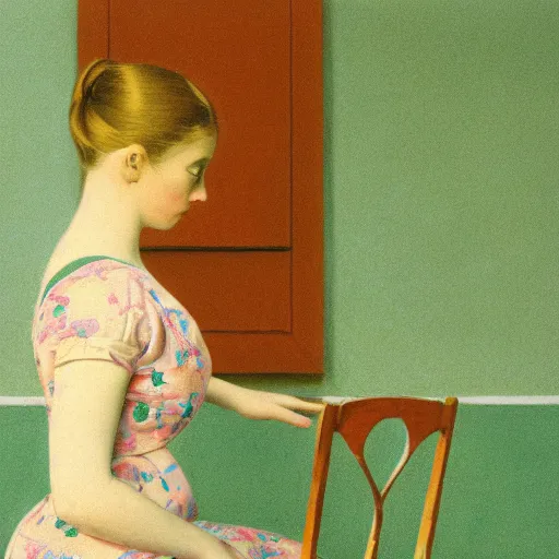 Image similar to close - up of a beautiful flowery girl in an empty room, film still by wes anderson, depicted by balthus, limited color palette, very intricate, art nouveau, highly detailed, lights by hopper, soft pastel colors, minimalist