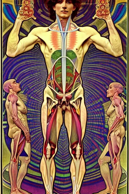 Prompt: extremely psychedelic anatomically accurate diagram of the full human muscular system, full body, intricate parts, fine details, hyper realistic, elegant minimalism, by seichen, alphonse mucha, surreal