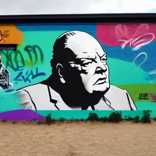 Image similar to Graffiti mural of Winston Churchill surfing