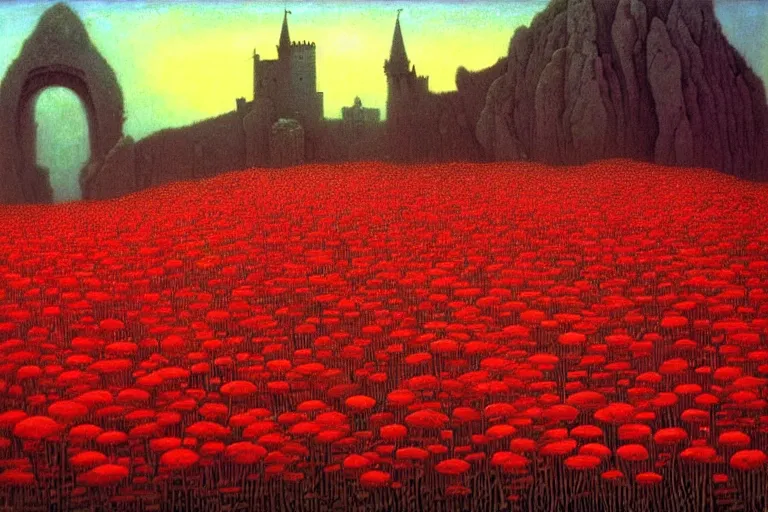 Image similar to only with red, red flowers of different types, a castle in the background, red orcs and trolls dance over the flowers, in the style of beksinski, part by hopper, part by rodcenko, part by hofbauer, intricate composition, red by caravaggio, insanely quality, highly detailed, masterpiece, red light, artstation