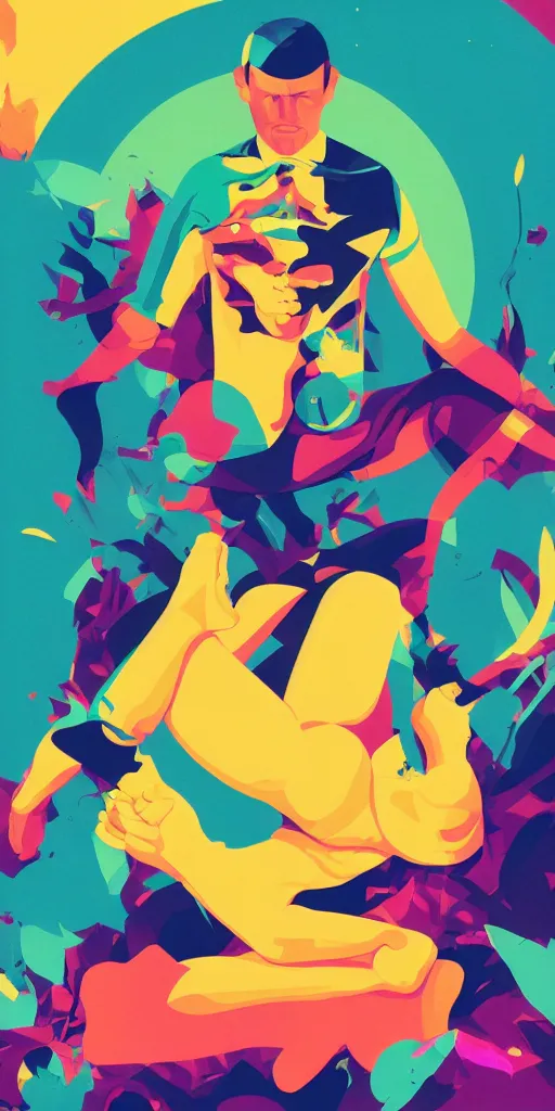 Prompt: cursed multicolored yoga pose, tom whalen, james gilleard, liam brazier, tristan eaton