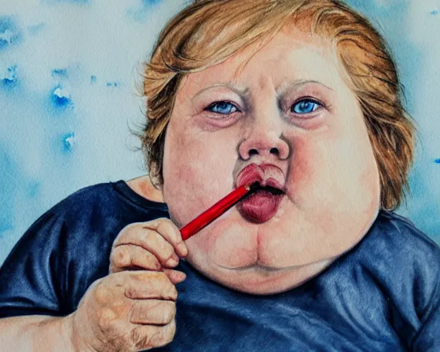 Image similar to an innocent and beautiful scene in hyper realistic style, watercolor and pen oily drawing on wood, of a fat old woman is painting a huge baby's head on the wall, lighting from the barred window. shadows. 4 k. wide angle. wild mood. red mouth, blue eyes. deep focus, lovely scene. ambient occlusion render. unreal engine.