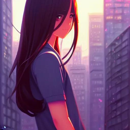 Image similar to a beautiful girl with long dark hair, city background, intricate, highly detailed, digital painting, artstation, official media, anime key visual, concept art, rich vivid colors, ambient lighting, sharp focus, illustration, art by Artgerm, Makoto Shinkai, Ilya Kuvshinov, Lois Van Baarle, and Rossdraws