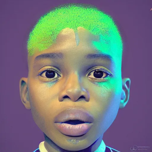 Image similar to portrait of a nigerian boy, james jean style, vfx art, unreal engine render, claymation style, colourful, volumetric light, digital painting, digital illustration, dramatic light,