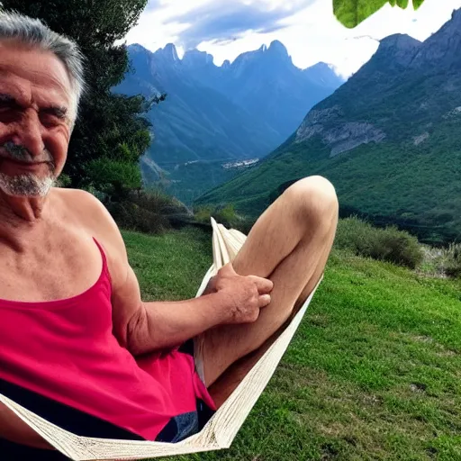 Image similar to my older italian wise friend on a hammock, reading the book about love, face iluminated by new knowledge, mountains in a background