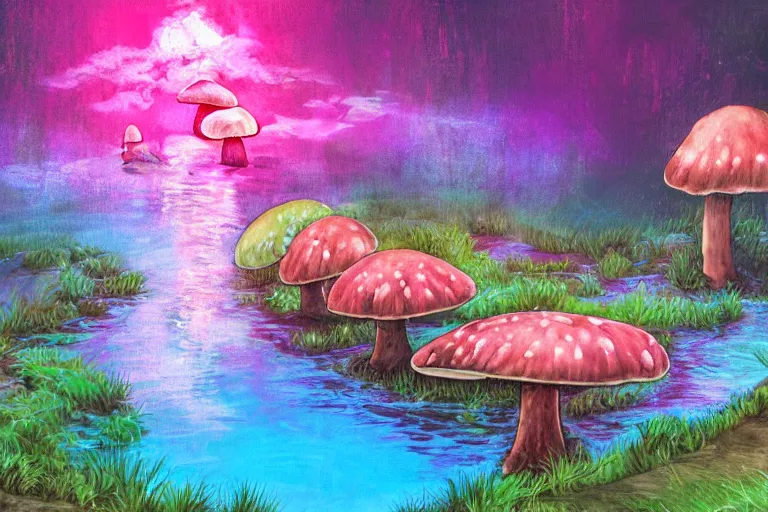 Prompt: a painting of giant mushrooms with next to a small bridge, flowing water, digital art, scenic, reds, purples, pink, reflections, blue lighting, glow's in side the mushrooms, complex background, chill,