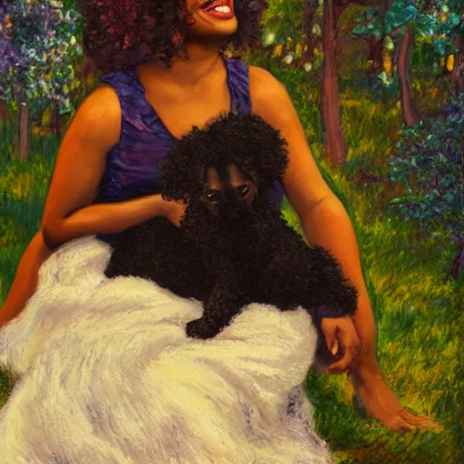 Image similar to pregnant black woman with curly hair, laying down, a tiny black puppy running around, golden hour, vintage, impressionist painting, fine art, oil painting, dreamy, pastel, laughing, happy, intricate details, sharp, peaceful, serene