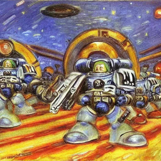 Prompt: a painting of a warhammer 4 0 k space marine squadron, by monet, munch,