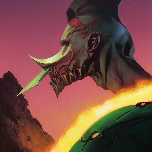 Image similar to 4k headshot of Spawn from Macfarlane comics , killing with green fire by Craig Mullins, ilya kuvshinov, krenz cushart, epic , artgerm trending on artstation by Edward Hopper and Dan Mumford and WLOP and Rutkovsky, beksinski carl spitzweg moebius and tuomas kocar, intricate artwork by caravaggio, Unreal Engine 5, Lumen, Nanite , 4K headshot of godlike clown with defined arms and open hands and bloody clothes with giant mandala wings , intricate face , flawless anime cel animation by Kentaro Miura, psychedelic , highly detailed upper body , professionally post-processed , beautiful, scary, symmetry accurate features, epic, octane rendered, anime masterpiece, accurate