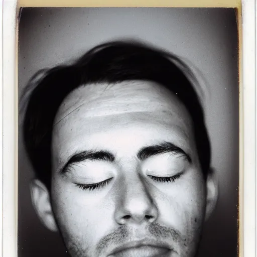 Image similar to a professional polaroid portrait photo of a man with an asymmetrical face with his eyes closed, dreaming. the man has black hair, light freckled skin and a look of panic on his face. extremely high fidelity. key light.