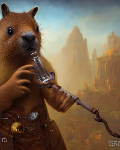 Image similar to oil painting of anthropomorphized capybara holding a pipe, steampunk clothes, close shot, full body, dark steampunk mine shaft background, sharp focus, fantasy style, octane render, volumetric lighting, 8k high definition, by greg rutkowski, highly detailed, trending on art Station, dungeons and dragons artwork, centered