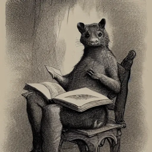 Prompt: ferret wearing clothes, with two left arms, one being also the chair's, eating a book while reading, in the style of gustave dore.