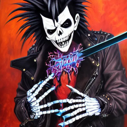 Image similar to a portrait of the grim reaper as a punk rocker playing an electric guitar, punk, skeleton face, mohawk, dark, fantasy, leather jackets, spiked collarsand wristbands, piercings, boots, ultrafine detailed oil on canvas painting by frank frazetta and vito acconci and and takeshi obata, death note style, symetric body, sharp focus