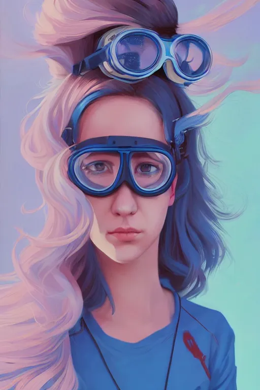 Image similar to portrait painting of a teenage girl with swept back wild blue hair, fashionable, windy, goggles, sharp focus, award - winning, cinematic pose, cinematic lighting, trending on artstation, masterpiece, highly detailed, intricate. art by josan gonzales and moebius and deathburger