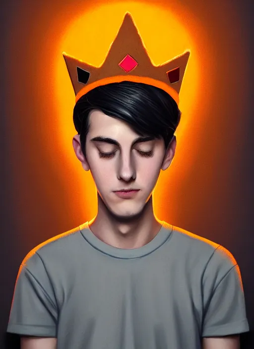 Image similar to portrait of teenage jughead jones wearing a light grey crown, crown, hamburger background, eyes closed, crown, black hair, orange, intricate, elegant, glowing lights, warm lighting, highly detailed, digital painting, artstation, concept art, smooth, sharp focus, illustration, art by wlop, mars ravelo and greg rutkowski