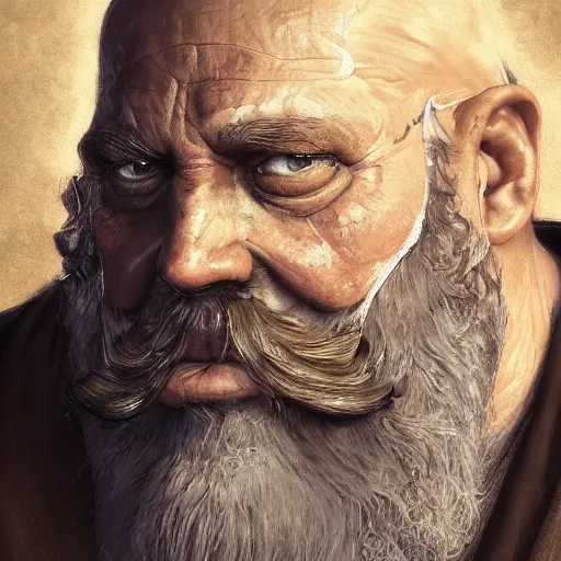Prompt: portrait painting of a muscular greying jolly old man with a big beard wearing a dirty apron, ultra realistic, concept art, intricate details, eerie, highly detailed, photorealistic, octane render, 8 k, unreal engine. art by artgerm and greg rutkowski and charlie bowater and magali villeneuve and alphonse mucha