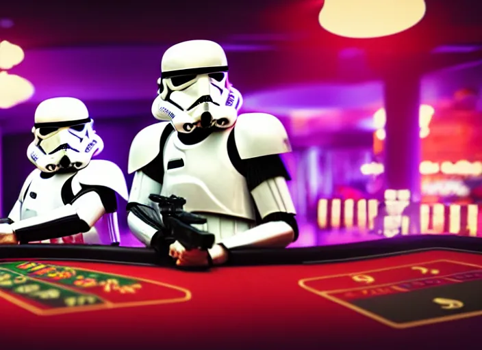 Prompt: a photo of two stormtroopers playing roulette in las vegas casino, ultra wide shot, 2 4 mm, bokeh, blurred background, colorful lights, golden ratio, sci fi, fantasy, cyberpunk, intricate, decadent, highly detailed, digital painting, octane render, artstation, concept art, smooth, sharp focus, illustration, art by loish, wlop