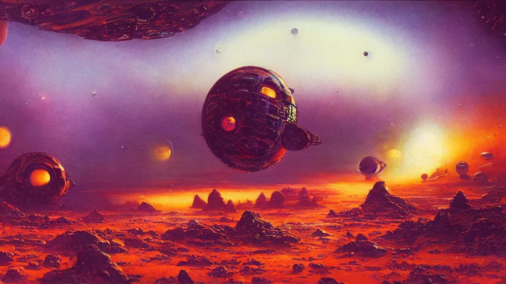 Image similar to spaceship landing on a strange eerie alien planet by Paul Lehr and Bruce Pennington