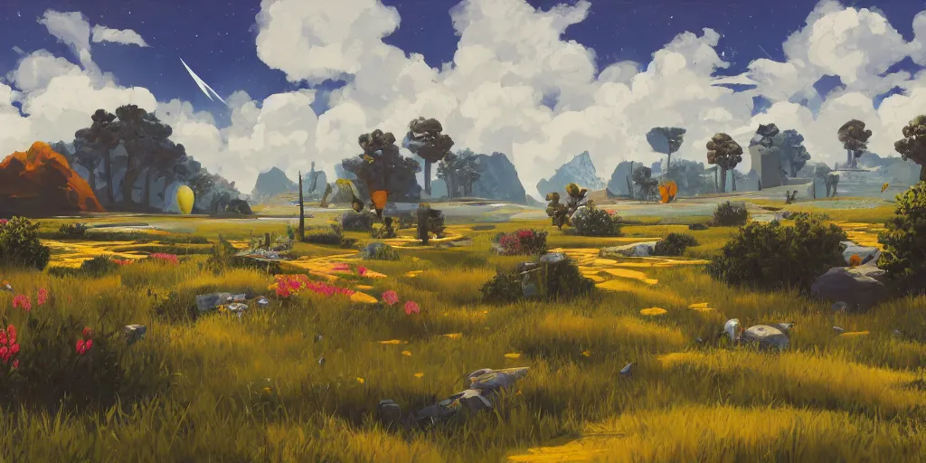 Image similar to landscape painting at noon by james jean and David Schnell painted in no mans sky style