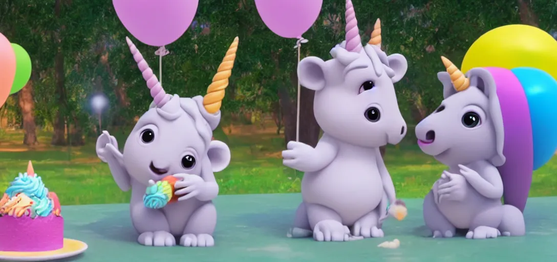 Image similar to a medium shot of a unicorn and koala enjoying ice cream cones at a birthday, highly detailed, Pixar movie, anamorphic lens