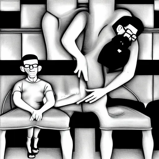 Image similar to hank hill from king of the hill, drawing in style of escher, by escher, black and white, hyperrealistic