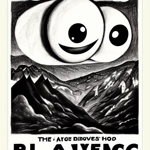 Prompt: a drawing of three huge eyes floating over a mountain, black and white, vintage poster, film grain