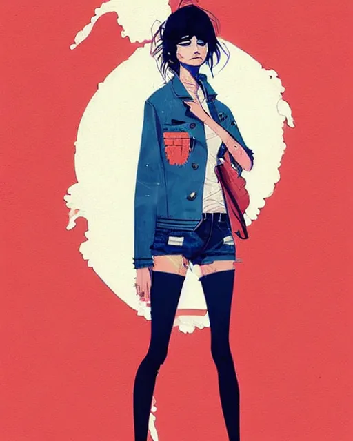 Image similar to a ultradetailed beautiful painting of a stylish woman in a denim jacket and shorts, by conrad roset, greg rutkowski and makoto shinkai trending on artstation