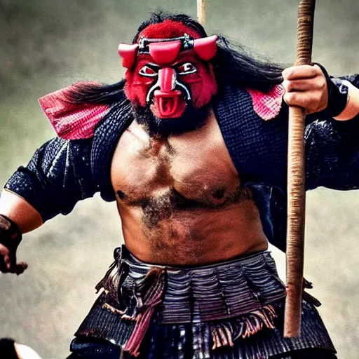 Prompt: big buff very strong very buff samurai wearing an oni mask, movie still