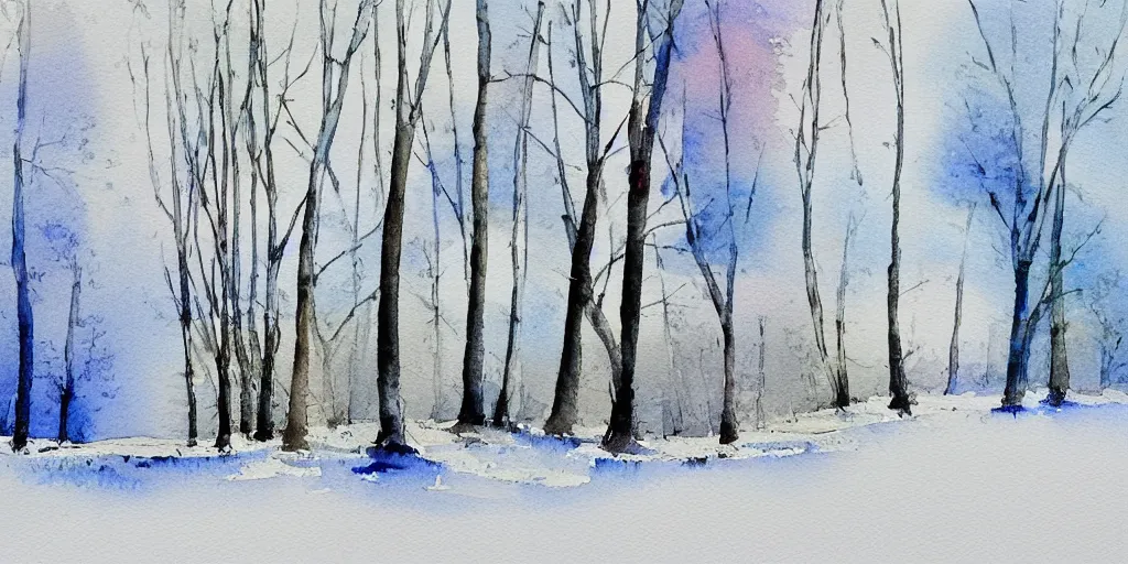 Prompt: a watercolor painting of trees in the snow by eero snellman, pixabay contest winner, modern european ink painting, watercolor, impressionism, painterly