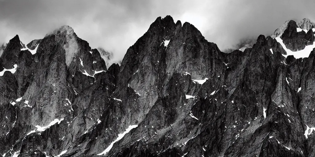 Prompt: a huge chain of mountains in black and white, photography by ansel adams, wide angle, photography