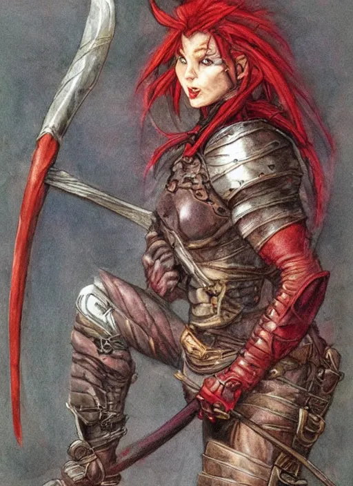 Image similar to portrait of strong female ranger, beautiful! coherent! dungeons and dragons character, by brian froud, strong line, deep color, leather armor, short red hair, high contrast