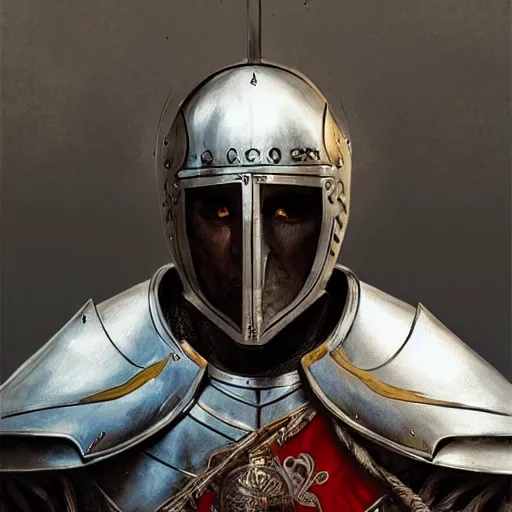 Prompt: man in decorated 15 century crusader armor, helmet and white cape drawn by greg rutkowski realistic high detail