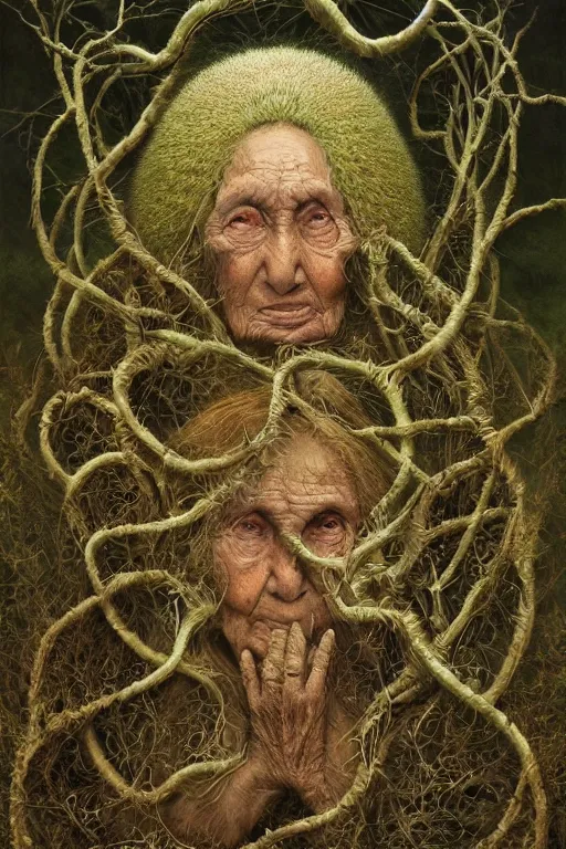 Image similar to intricate stunning highly detailed portrait of baba vanga, 🌱, by agostino arrivabene and vladimir kush, surreal, digital painting, ultra realistic, dramatic lighting, twisted vines, lush plants, pristine water, artstation