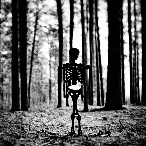 Prompt: extra close-up, bw film photography, portrait of skeleton standing in a forrest, film photo