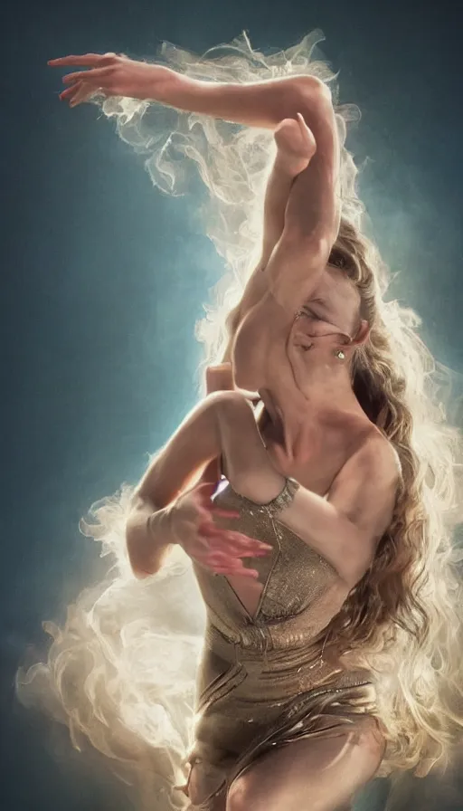 Image similar to hyperrealistic glamorous beautiful female dancer by ken brower and deborah ory of nyc dance project, surrealistic, lois greenfield, lord of the rings, neon, castle, thousand hands, beautiful dynamic dramatic moody lighting, beautiful intricate face, volumetric, shadows, artgerm, alphonse mucha, greg rutkowsky, cinematic atmosphere, octane render, 8 k