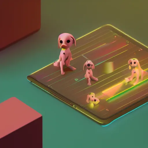 Prompt: isometric puppy bot, 3 d character realistic, very colorful, cinematic lighting, soft neon, volumetric lighting, apple design, jony ive, octane render, trending on artstation