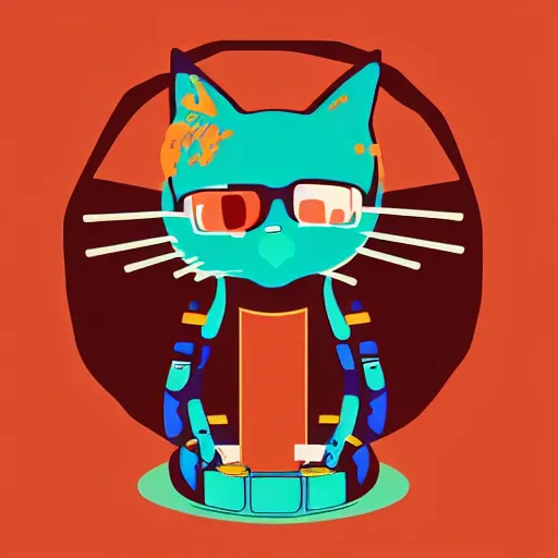 Image similar to a simplified vector based illustration about a hacker kitten, style of Akira motion movie, space colors, smooth and clean vector curves, no jagged lines, vinyl cut ready