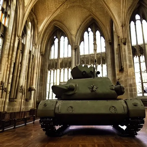 Prompt: Photo of a tank in Hogwarts Great Hall