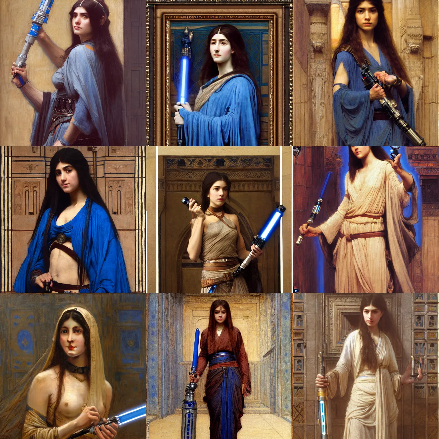 Prompt: orientalist portrait of a female jedi holding a blue lightsaber standing in a sandstone room intricate portrait by john william waterhouse and Edwin Longsden Long and Theodore Ralli and Henryk Siemiradzki, very coherent symmetrical artwork. Cinematic, hyper realism, high detail 8k