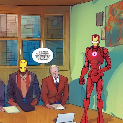 Image similar to iron man having a pr meeting in an abandoned house, studio ghibli, bright colors