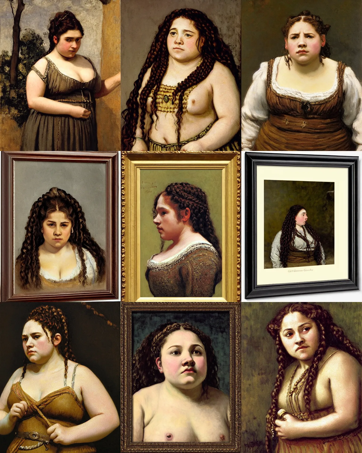 Prompt: female dwarven noblewoman, chubby short stature, braided intricate hair, by gustave courbet