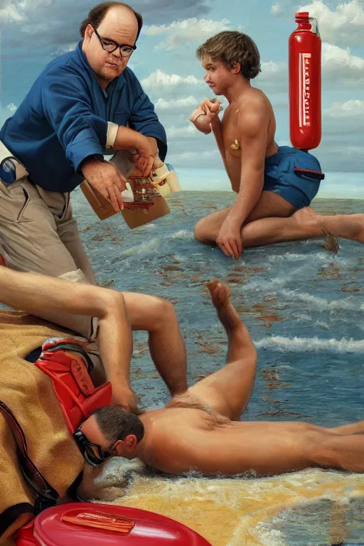 Image similar to george costanza being saved by a lifeguard oil on canvas, intricate, portrait, 8 k highly professionally detailed, hdr, cgsociety