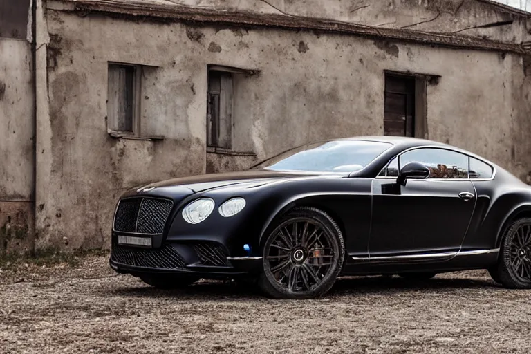 Prompt: modern rusty matte Bentley Continental GT without gloss no reflections drives along the road of an old Russian village with houses at the edges