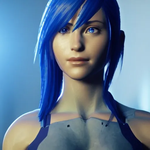 Image similar to cortana from halo, highly detailed, photorealistic portrait, bright studio setting, studio lighting, crisp quality and light reflections, unreal engine 5 quality render