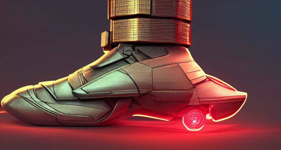 Image similar to realistic 3 d render of a cyberpunk android sneaker, beautiful studio lighting, soft, sharp focus, neon cyberpunk highlights, intricate detail, gold and red accents, soft rubber, octane render, side view, close up, trending on artstation, deviantart, syd mead, moebius