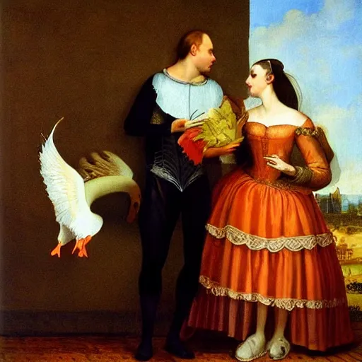 Image similar to goose romeo and juliet. geese, honk, stageplay beautiful painting renaissance.