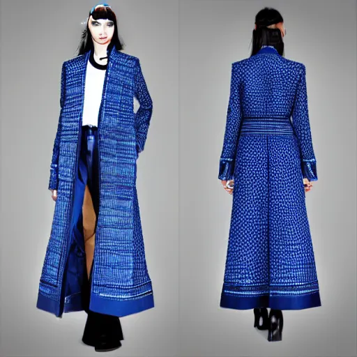 Image similar to fashion 2 0 5 0 fantastic openwork long coat with intricate pattern on a beautiful symmetrical girl with blue hair, hyper realistic photos