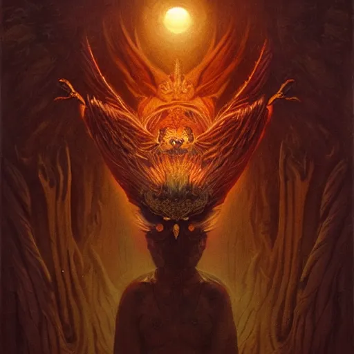 Image similar to The Owl God, The Lord of The Owls, psychedelic art, fullbody, artstation, dark fantasy, concept art, smooth, sharp focus, illustration, art by greg rutkowski and orientalism and bouguereau and Zdzislaw Beksinski, good clear quality, lighting, biology, symmetrical artwork, perfect face, 135 mm, cinematic, hyper realism, high detail, octane render, 8k, chrome accents
